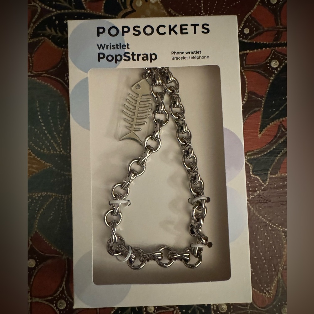 PopSocket Silver Chain Wristlet PopStrap with Fishbone Charm (chrome siren)